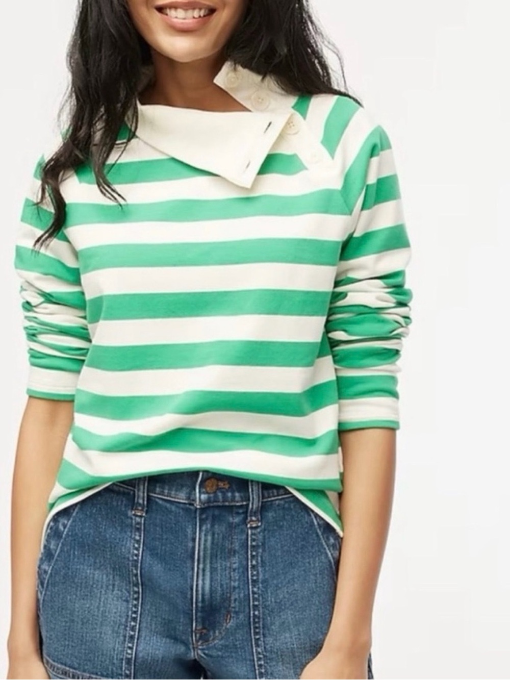J.Crew Green & Ivory Striped Button Collar Sweatshirt Pullover Size Medium